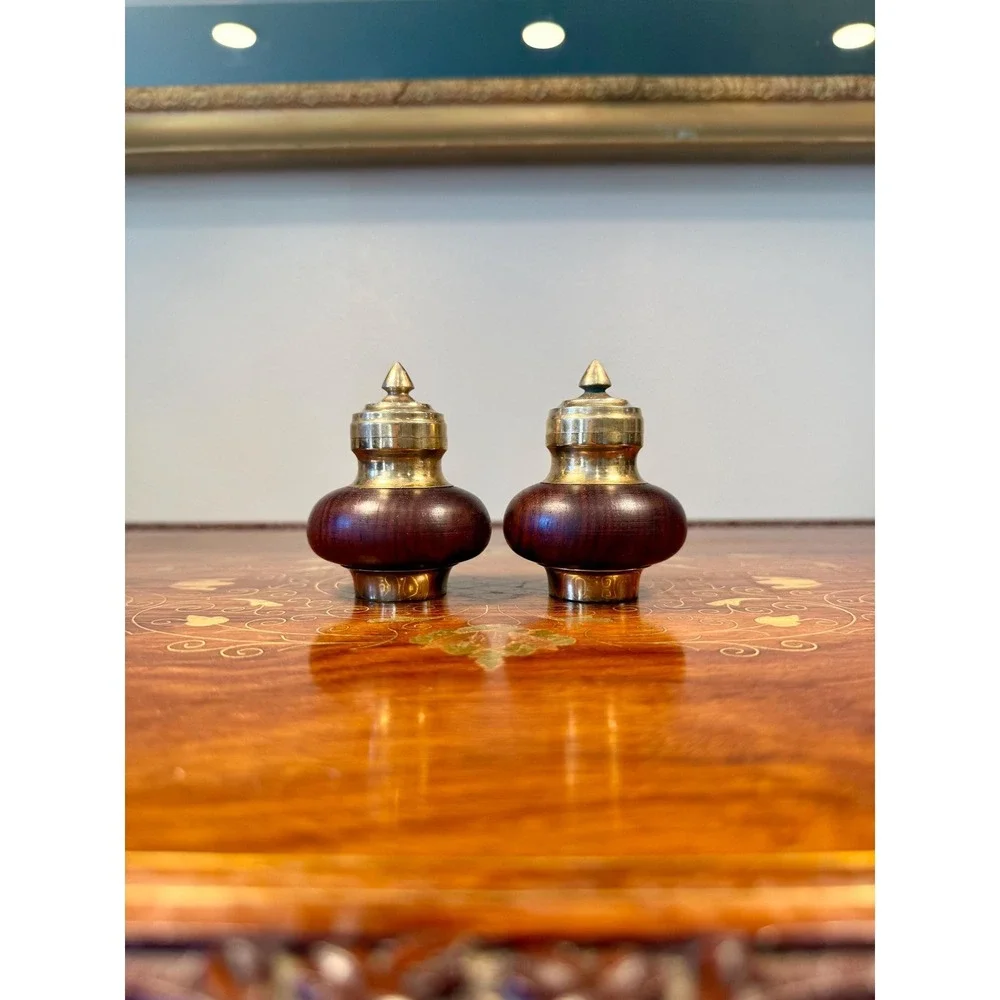 Vintage‎ Brass & Wood Salt and Pepper Shakers • Mid Century Tableware Set